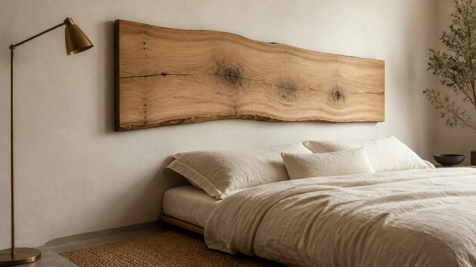 thick floating oak slab headboard hung clear above a low bed