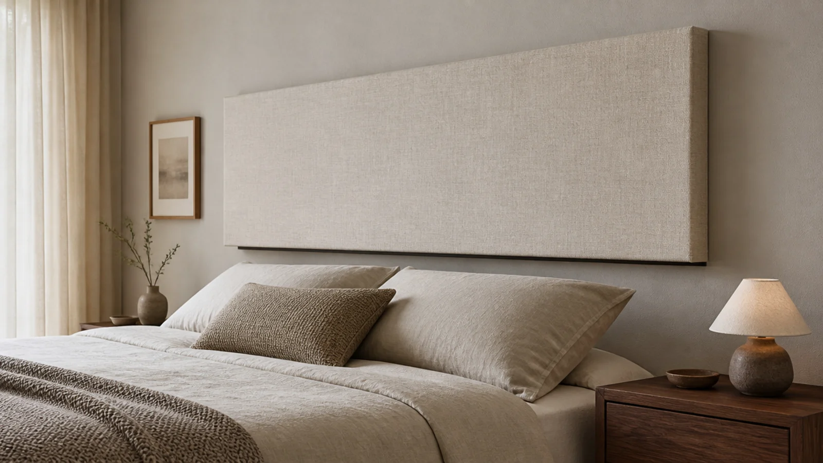 upholstered linen panel floating above a bed with a shadow gap