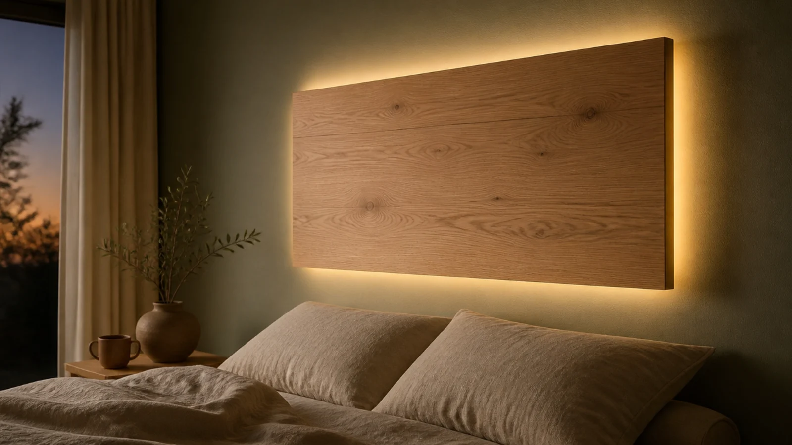 backlit floating headboard panel glowing warmly against a dark wall