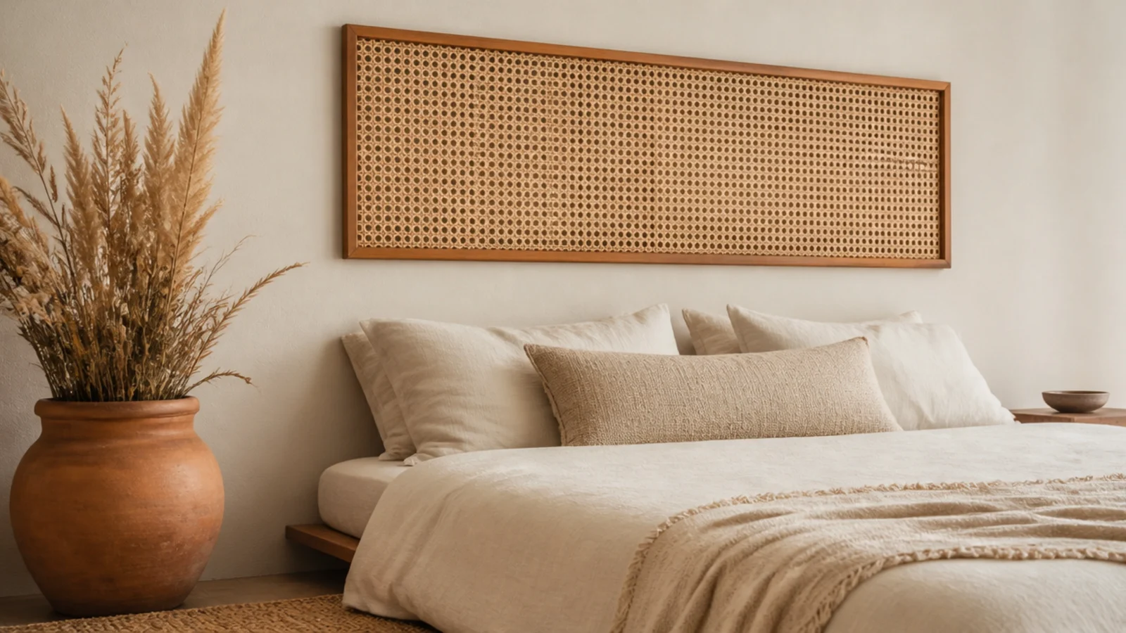 woven cane panel floating in a slim oak frame above pillows