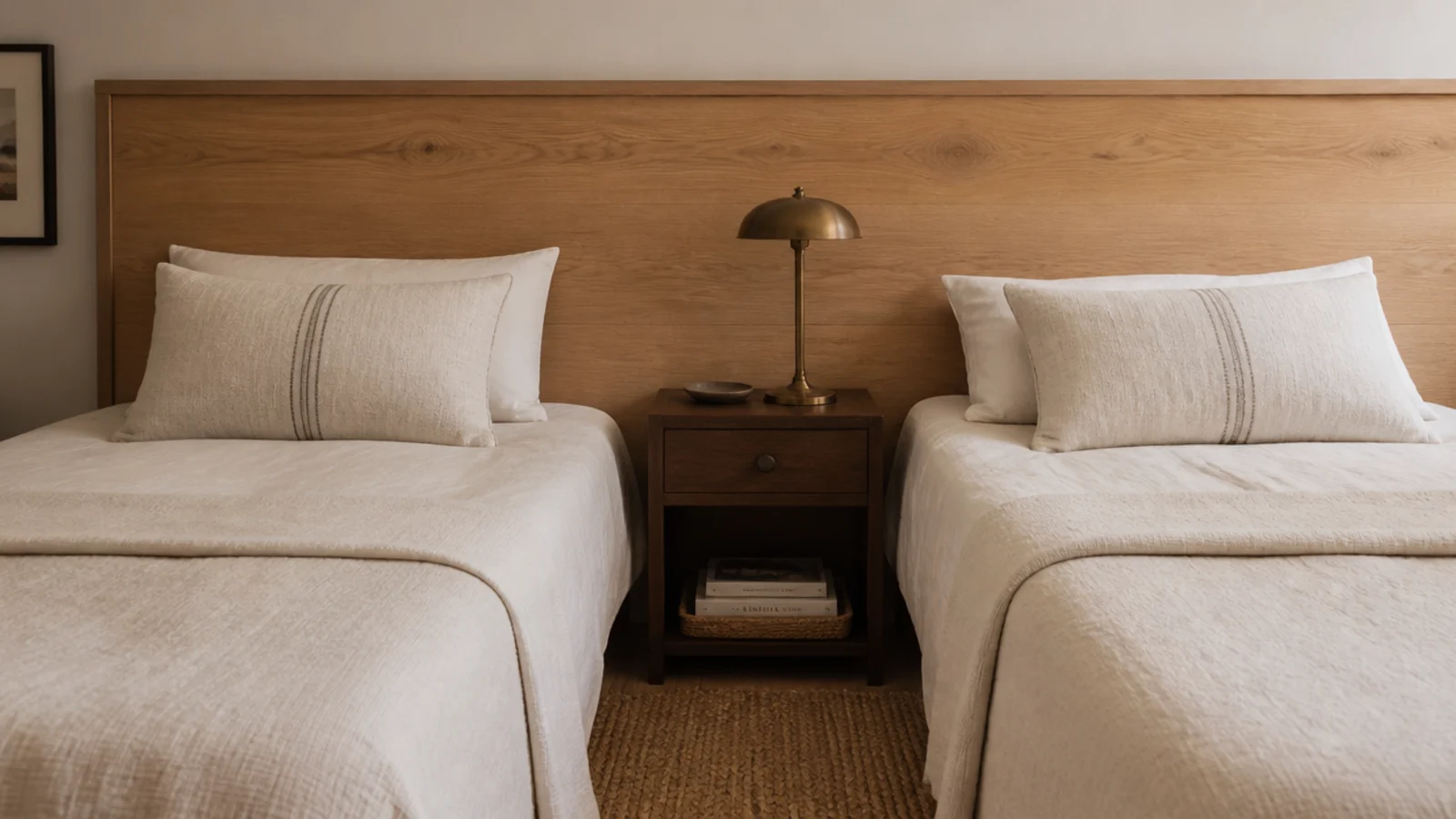 one long floating panel running behind two twin guest beds