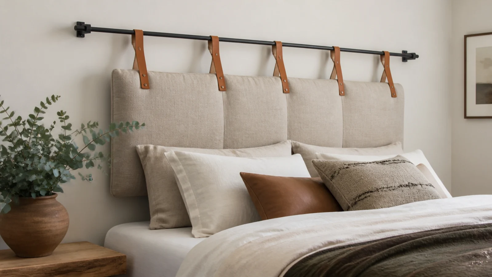 padded headboard hanging from leather straps over a black rod