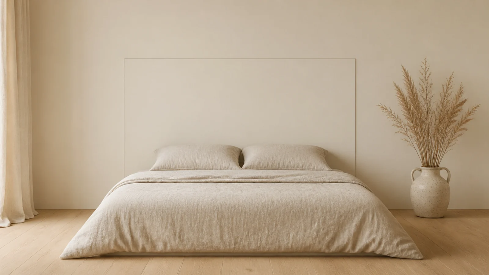 floating wood panel painted the wall color behind a low bed