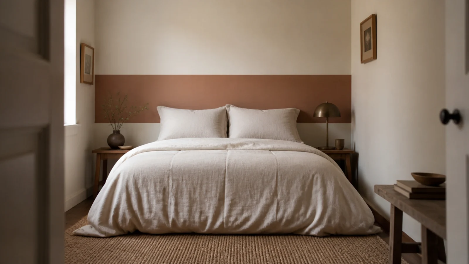 wide painted colour band running across a bedroom wall behind a low bed