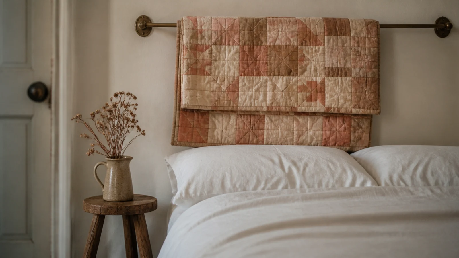 faded patchwork quilt folded over a brass rod above a neatly made bed