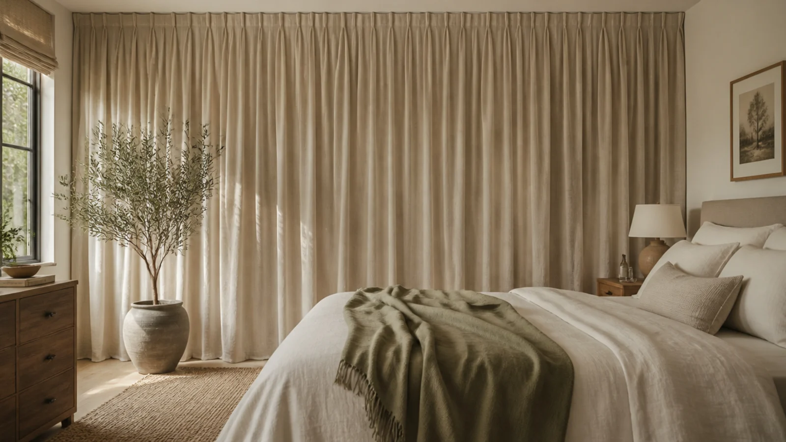 floor to ceiling linen curtain hung across a bed wall as a soft backdrop