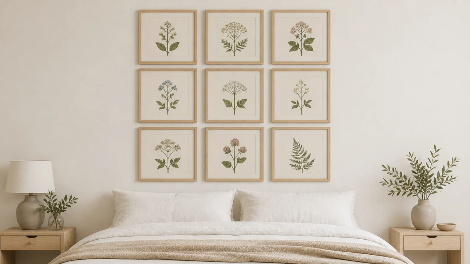 nine matching oak frames in a three by three grid above a linen bed