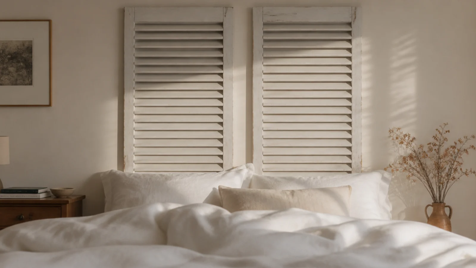 two tall louvered shutters standing behind a bed as a textural backdrop