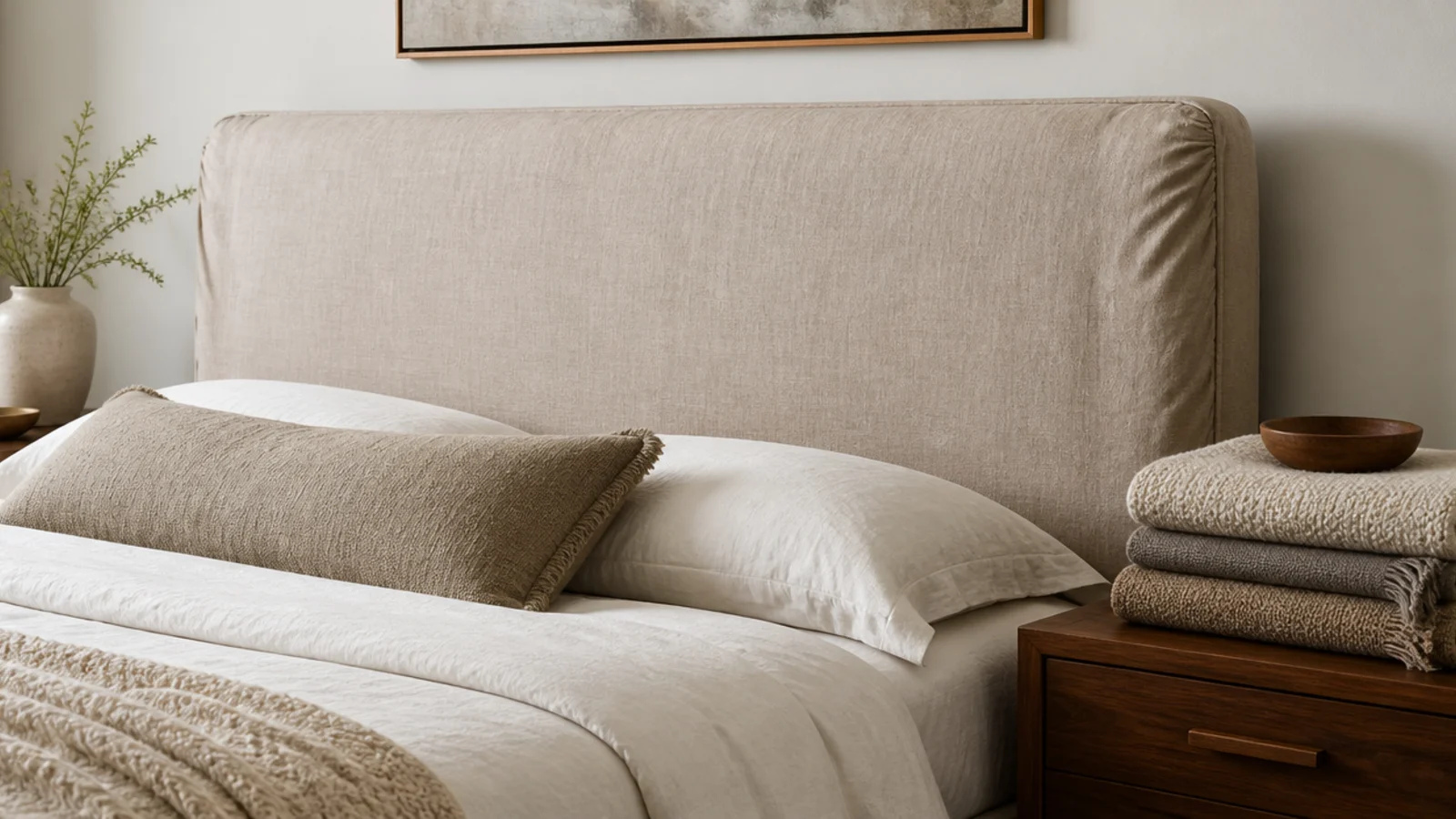 washable slipcover pulled over a marked upholstered headboard panel