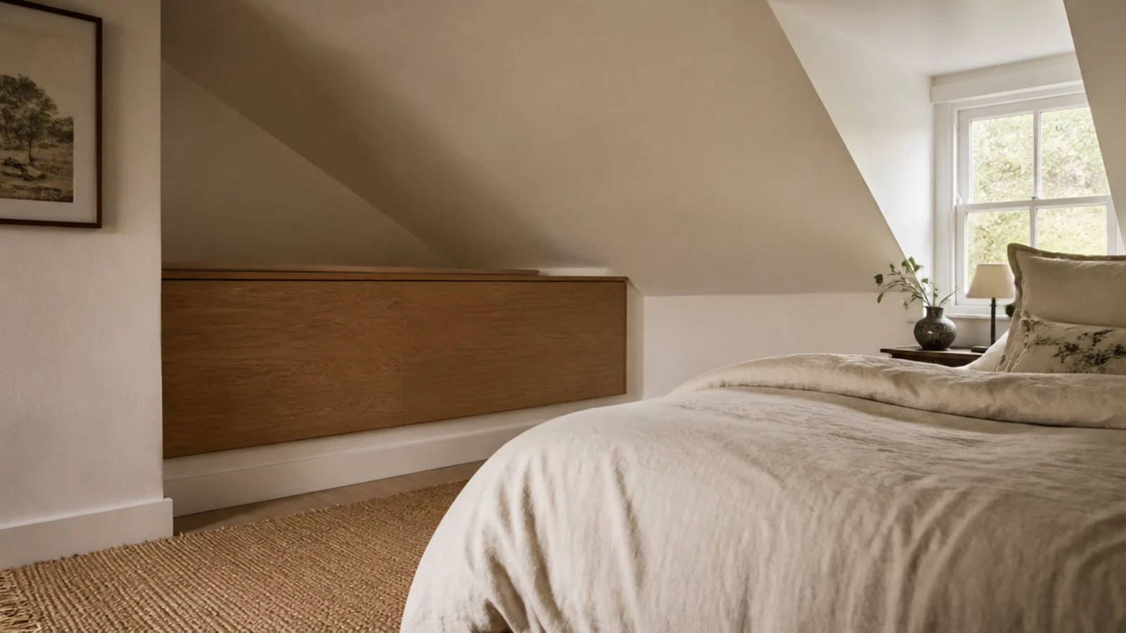low wide headboard fitted to a knee wall under a sloped ceiling