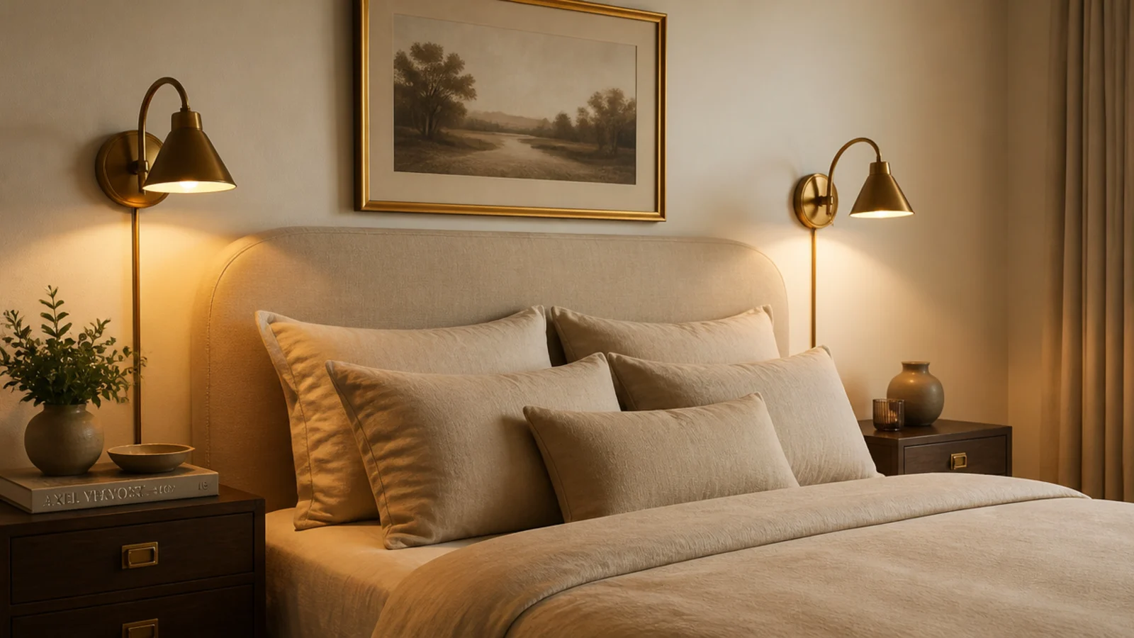 single brass finish repeated across sconces frames and drawer pulls