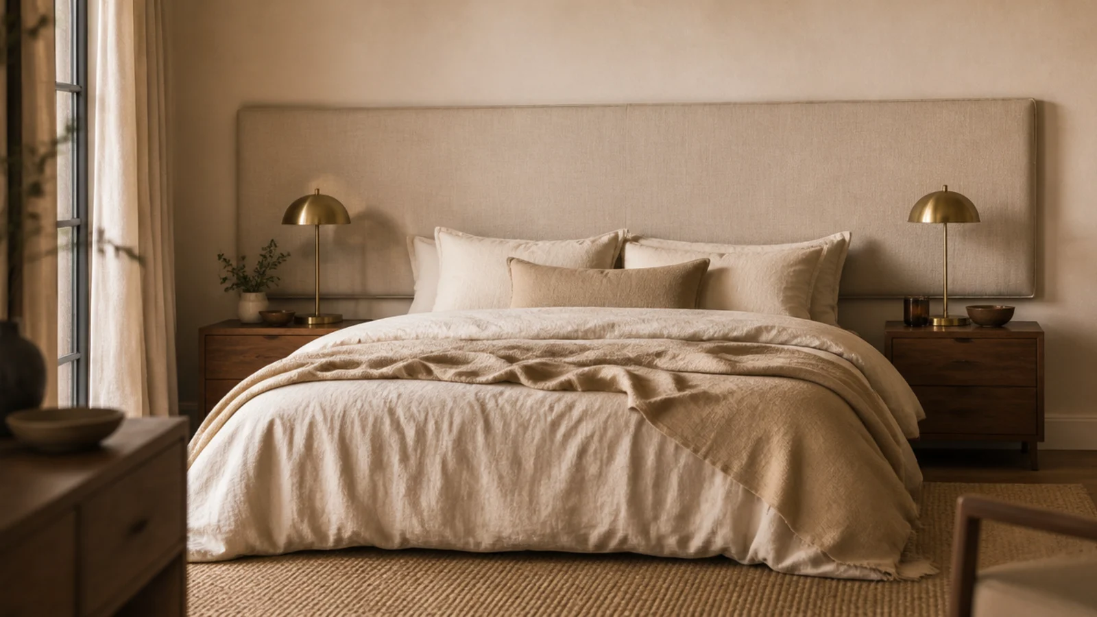 headboard before and after showing a bare wall turned soft and layered