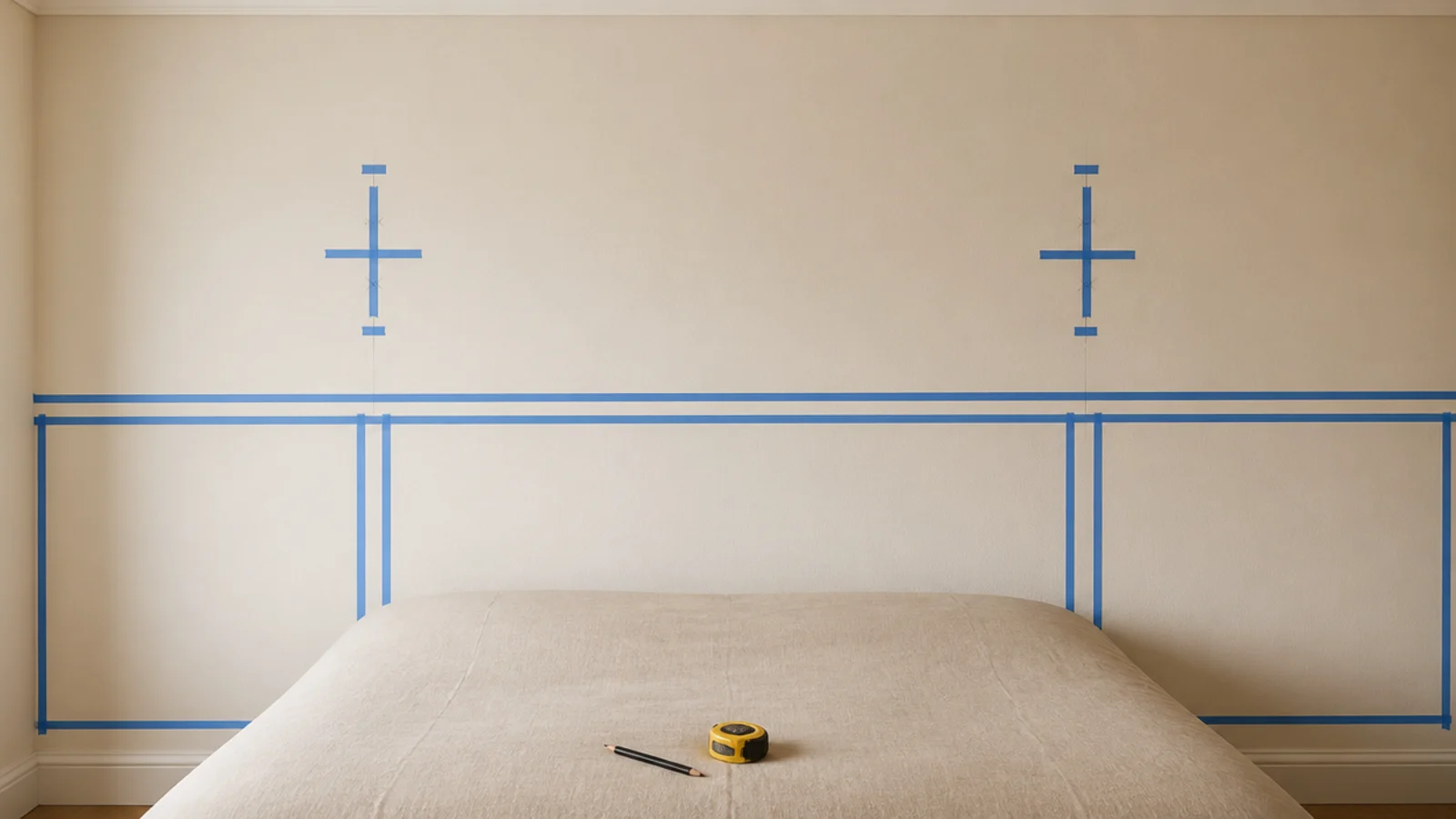 bare bed wall marked with tape showing headboard and sconce heights