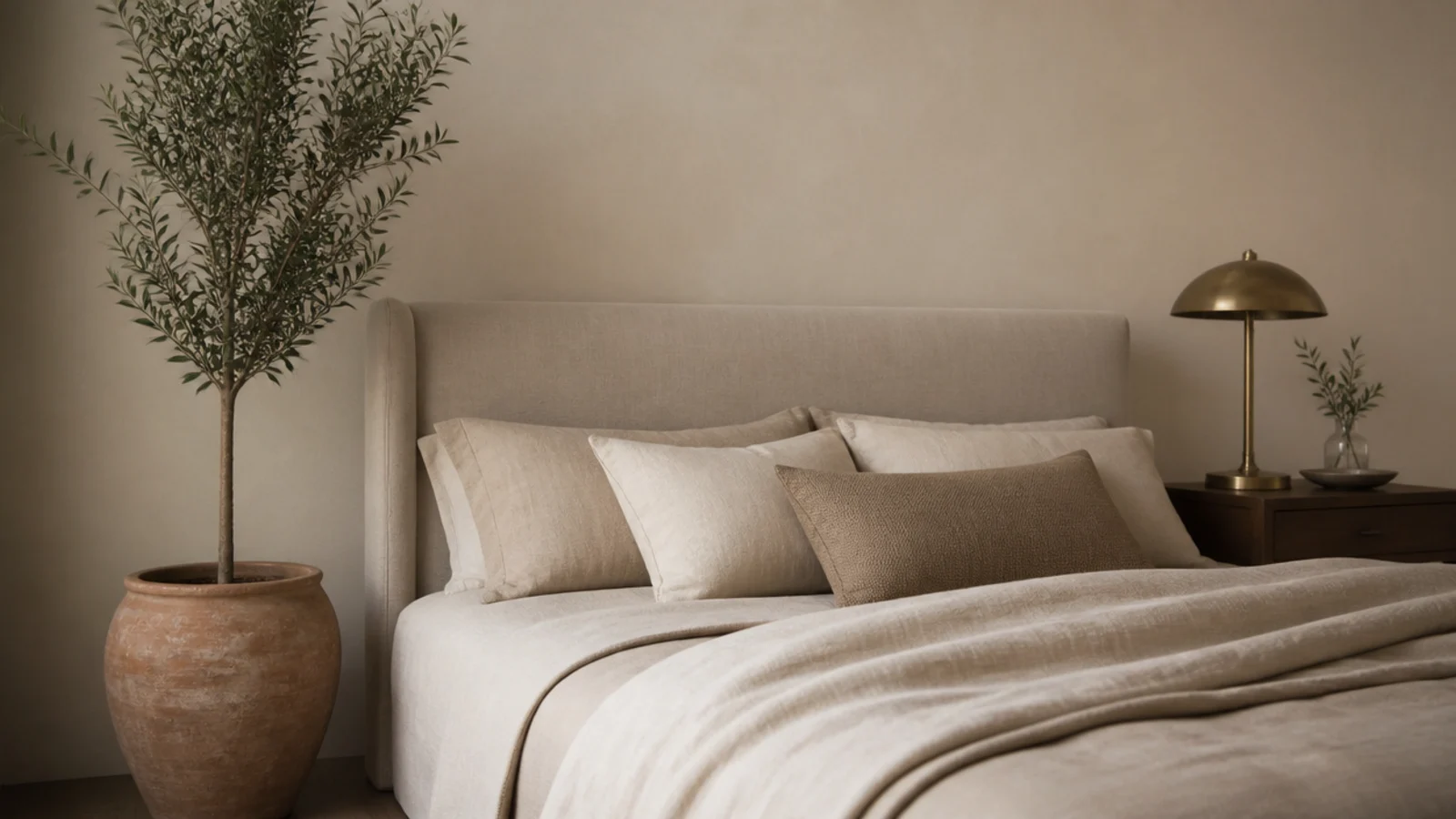 tall potted plant standing beside a bed breaking a symmetrical wall