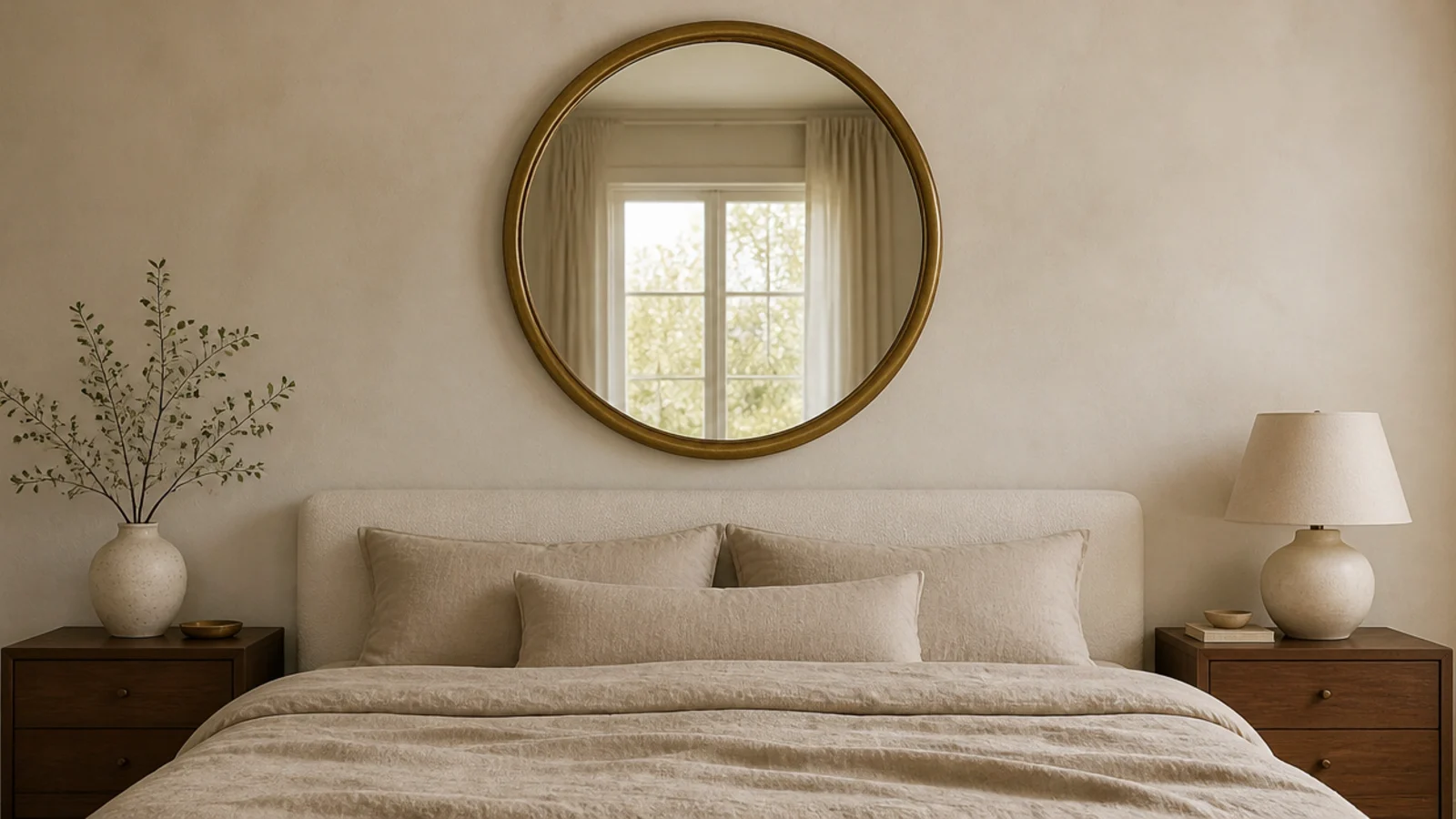 round brass framed mirror hung above a low upholstered headboard