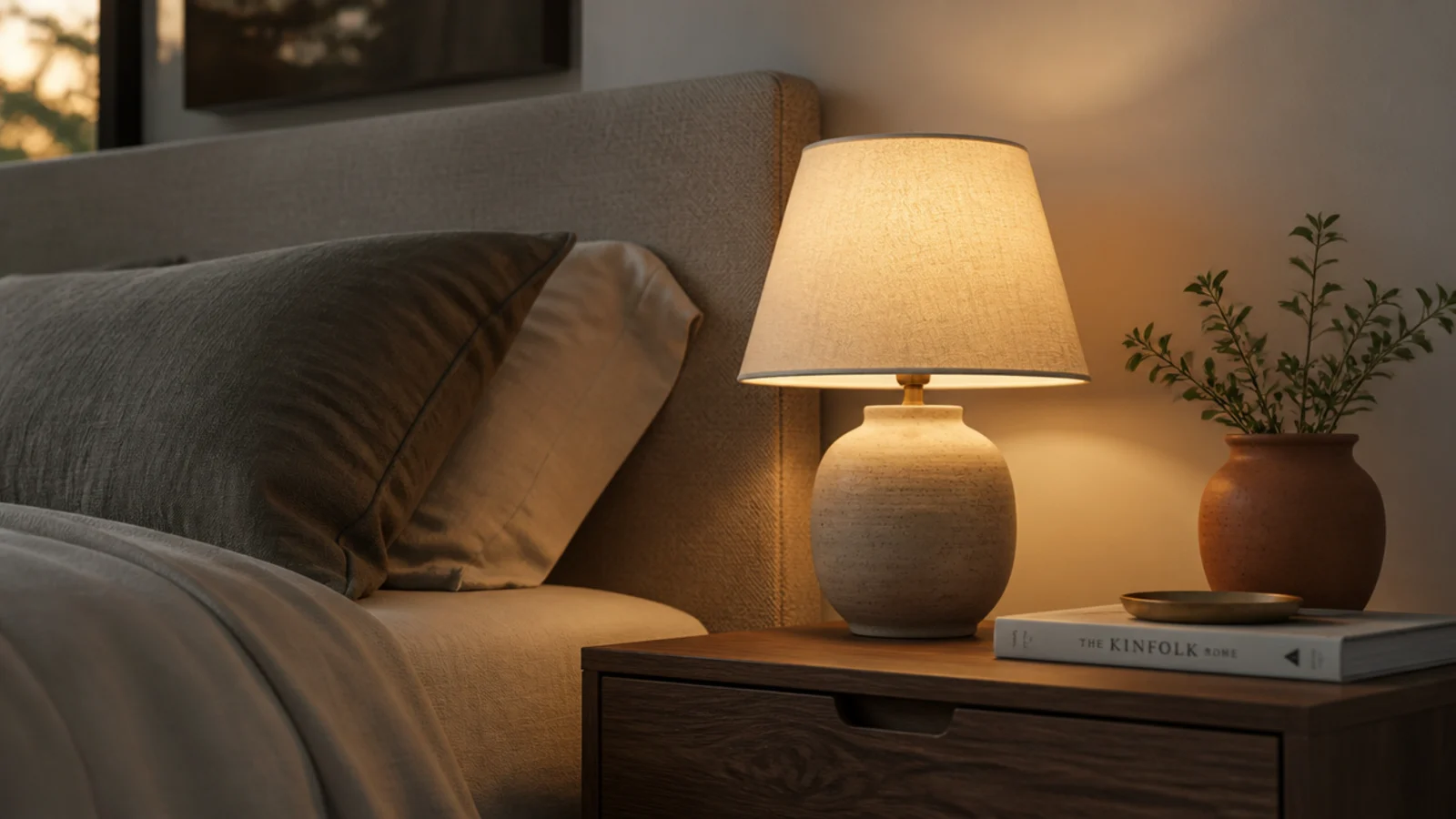 warm bulb glowing in a ceramic bedside lamp beside a headboard