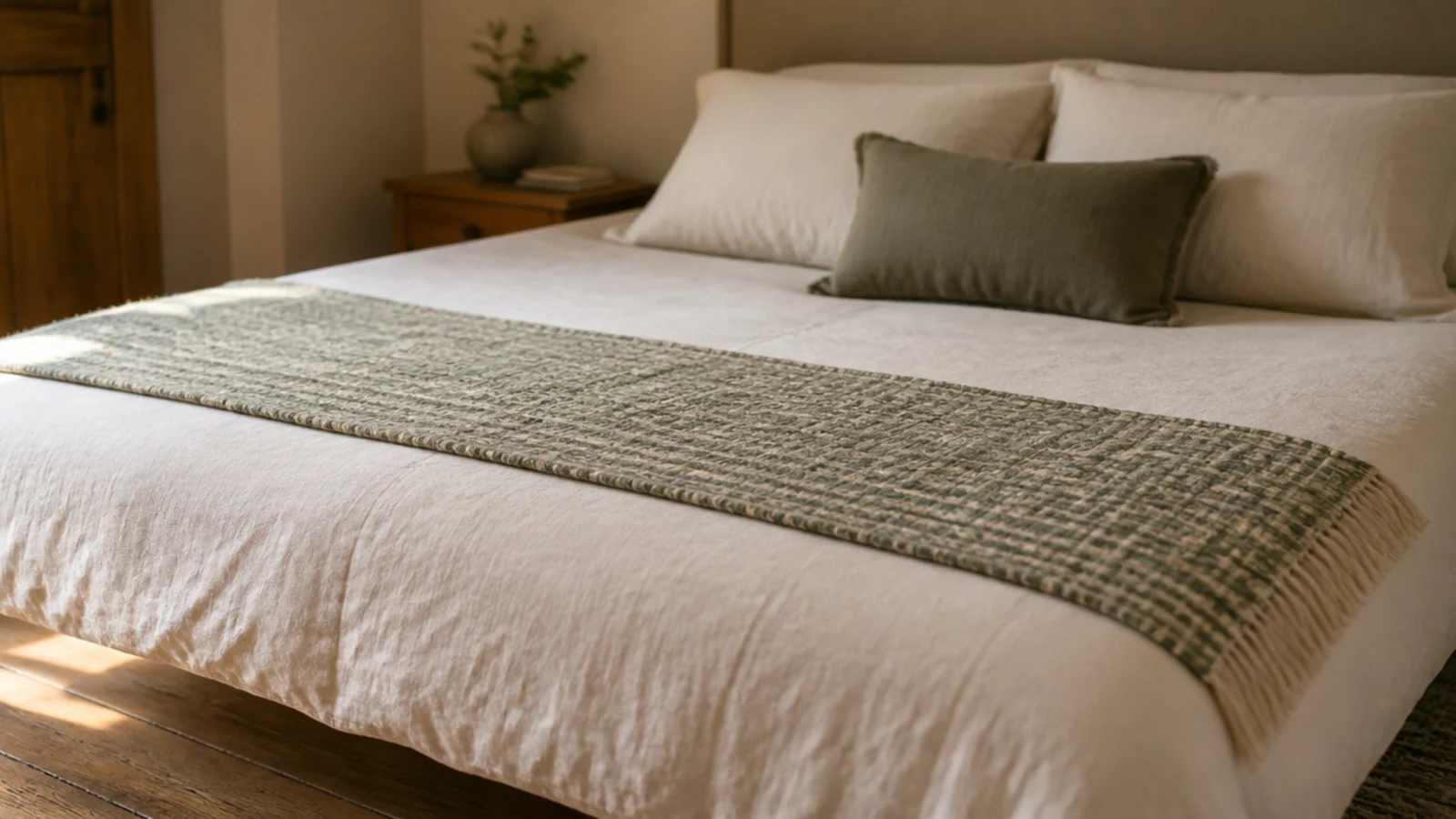 folded wool runner laid neatly across the foot of a bed