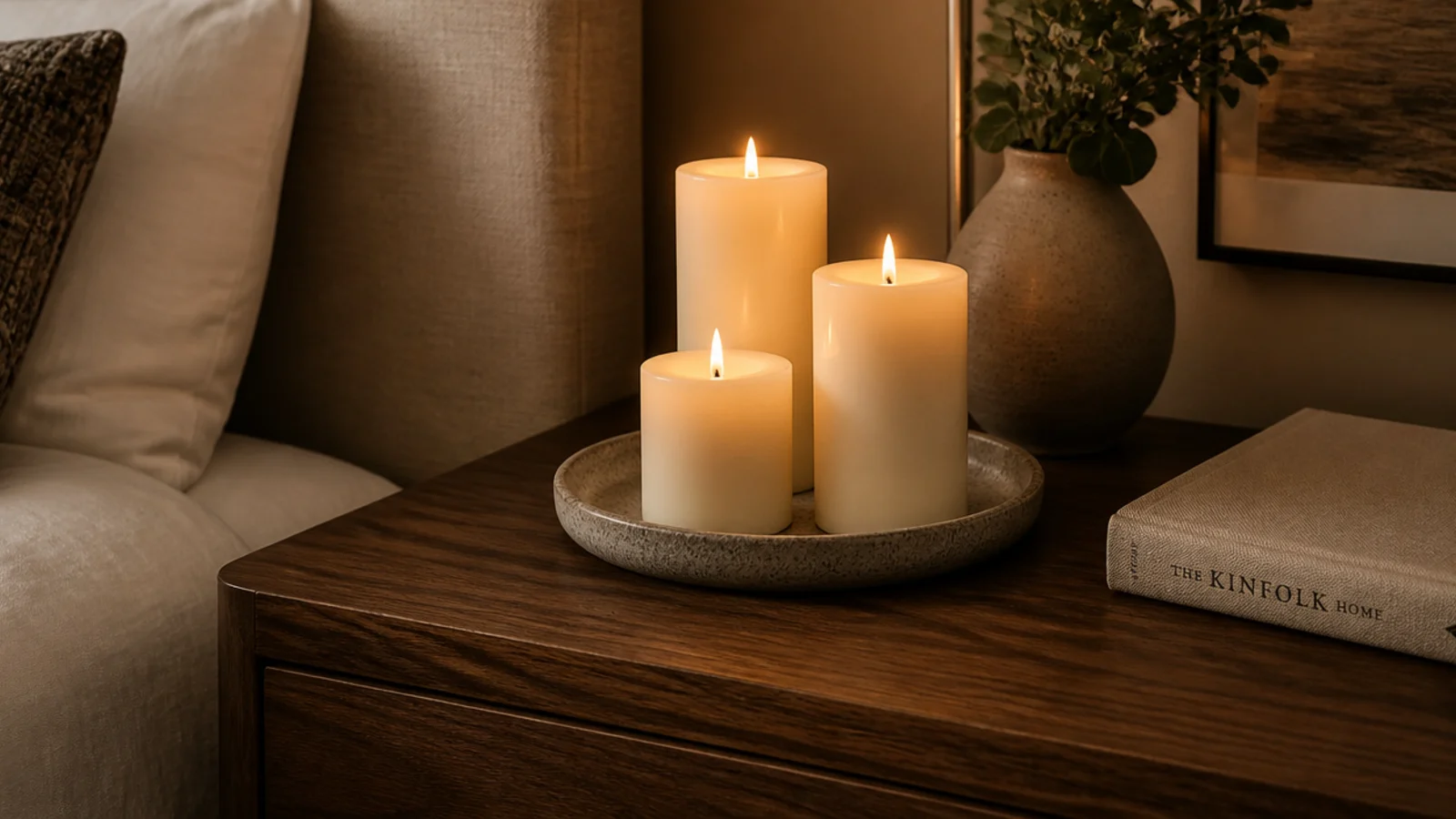 group of three pillar candles clustered on one bedside table