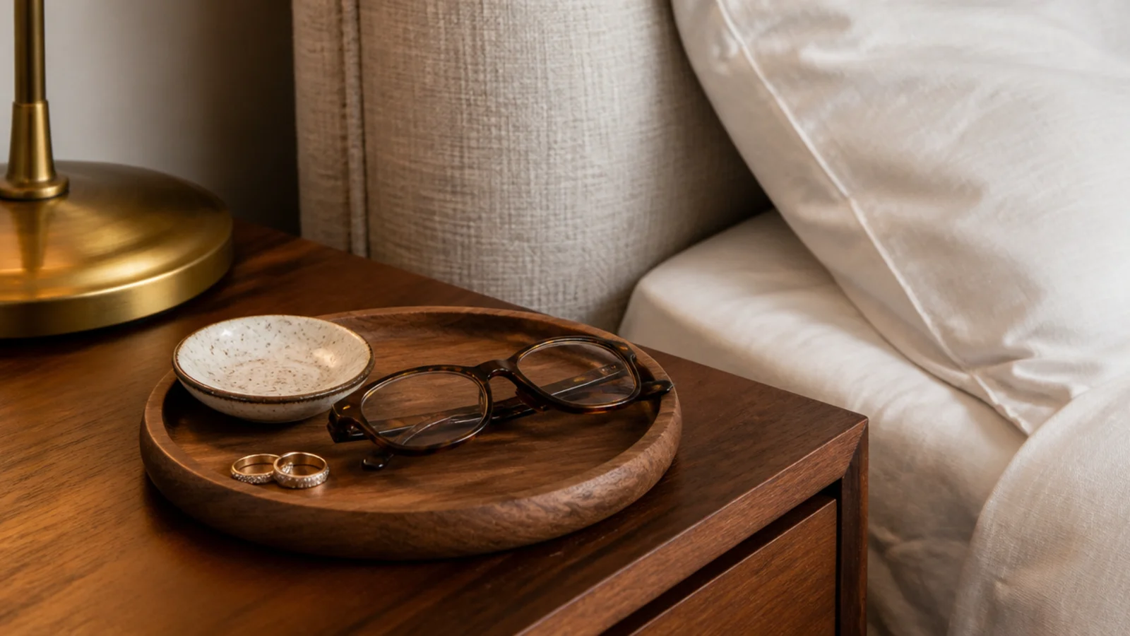 small wooden tray on a nightstand containing rings and a watch