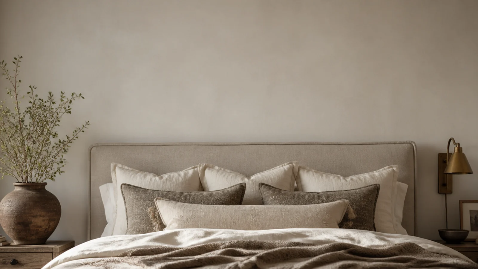 vertical styled headboard wall with pillows sconce and layered texture