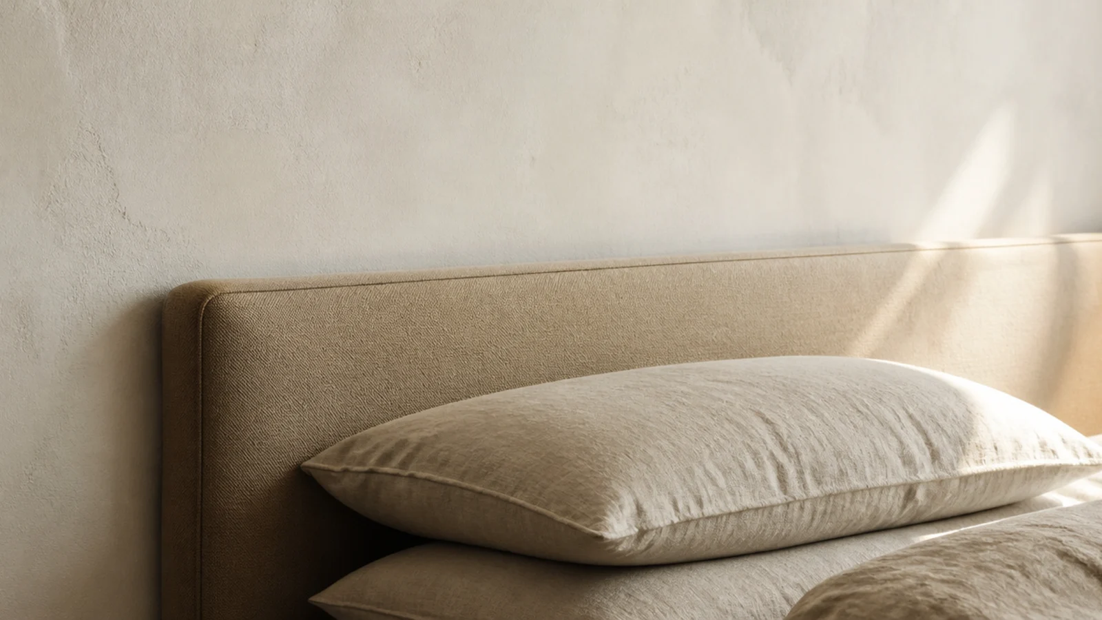 low profile headboard rising just above stacked pillows in a small room