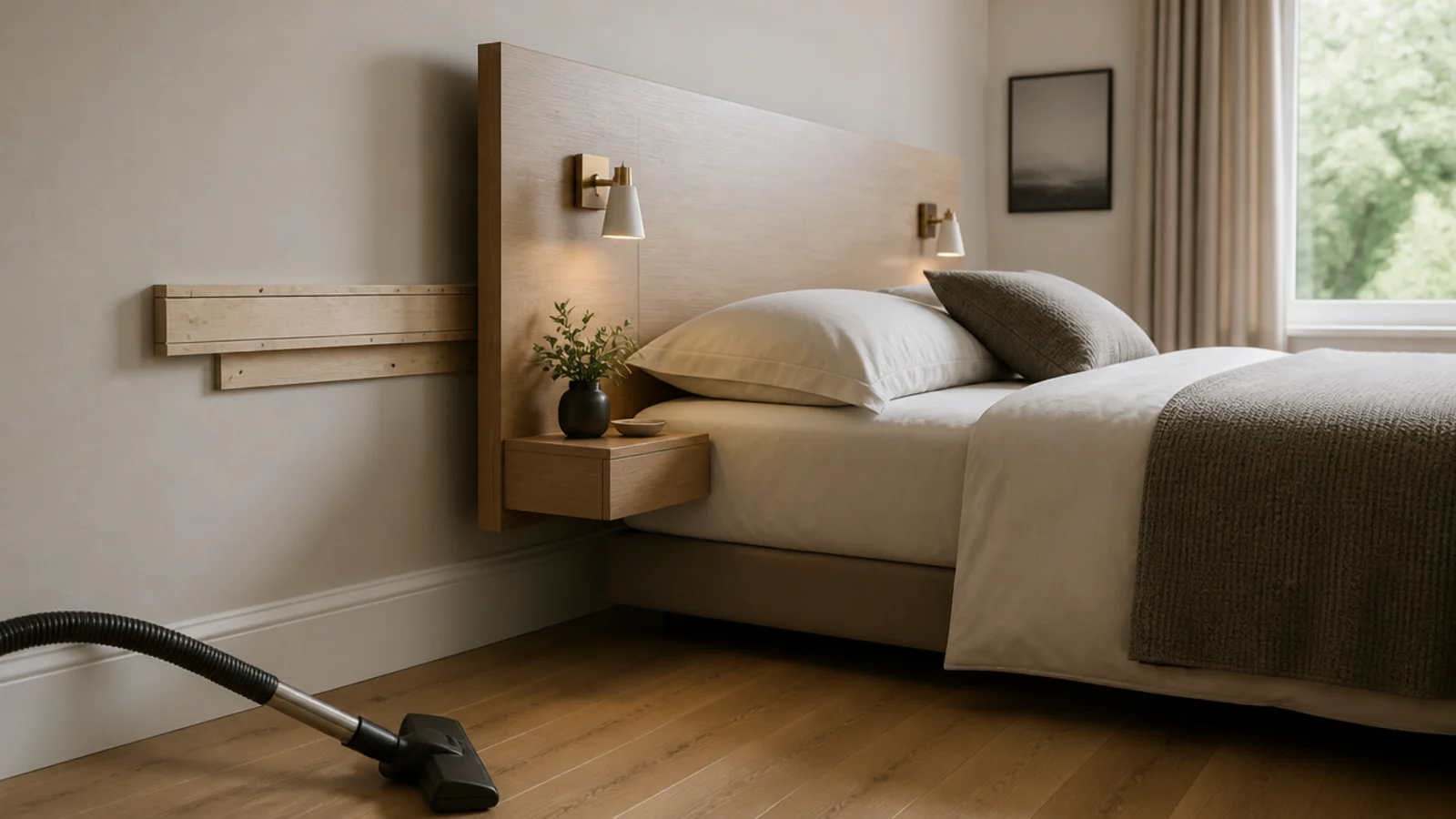 wall mounted headboard on a cleat with the bed pulled clear for cleaning