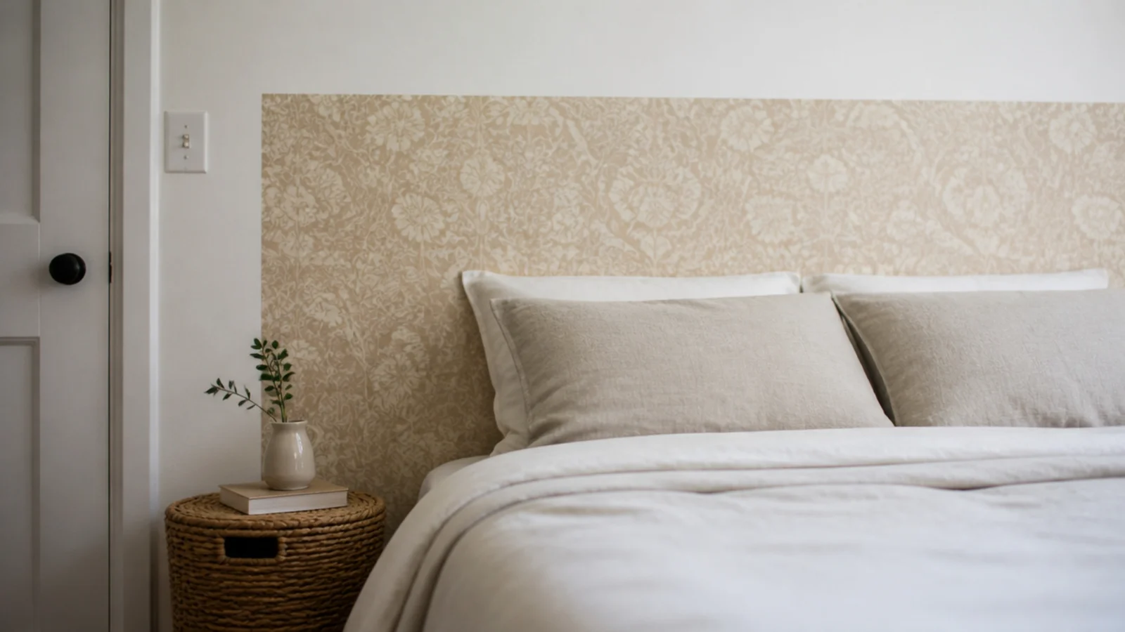 removable wallpaper rectangle behind a bed acting as a renter friendly headboard