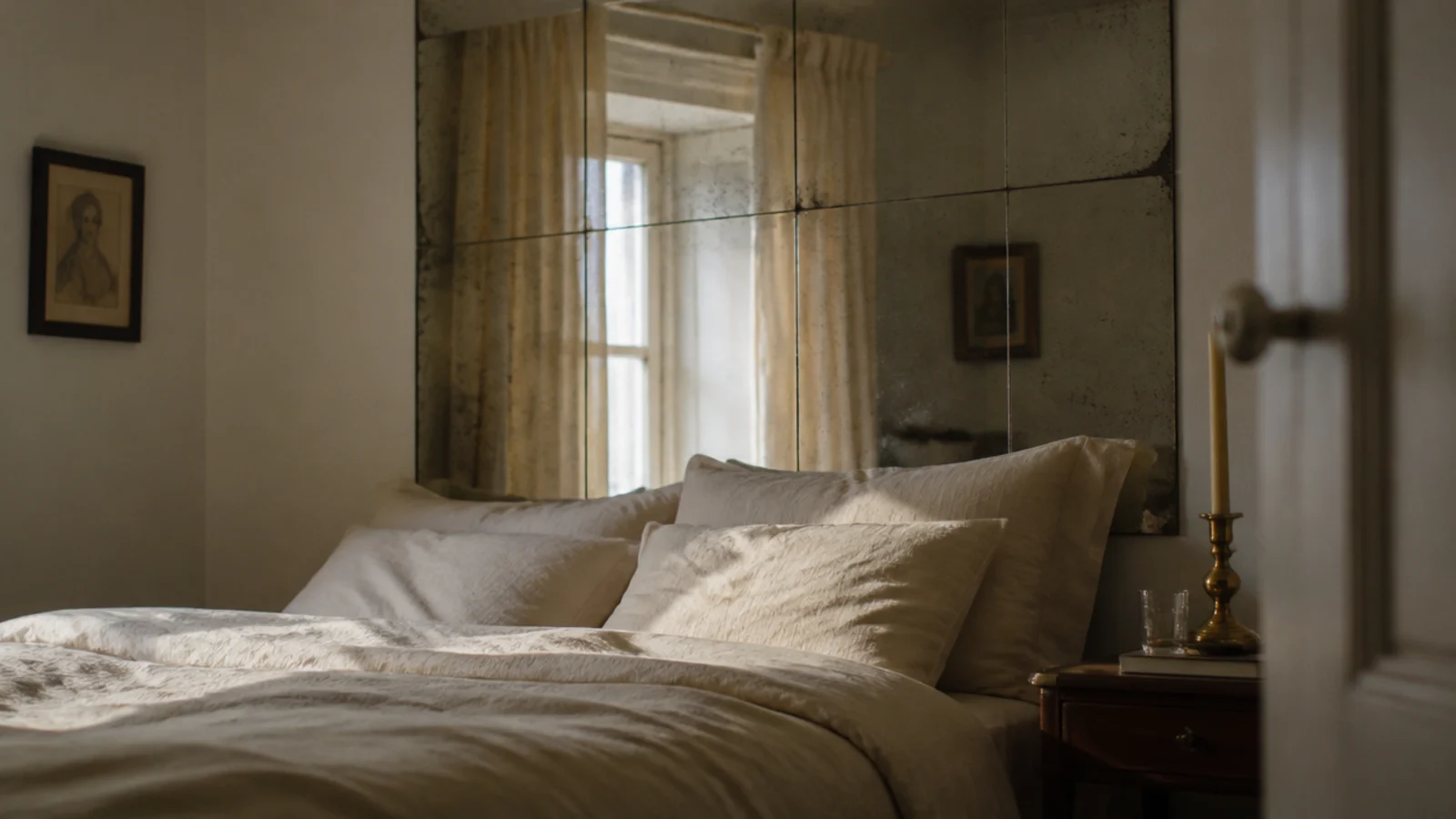 antiqued mirror headboard panel bouncing window light around a small bedroom