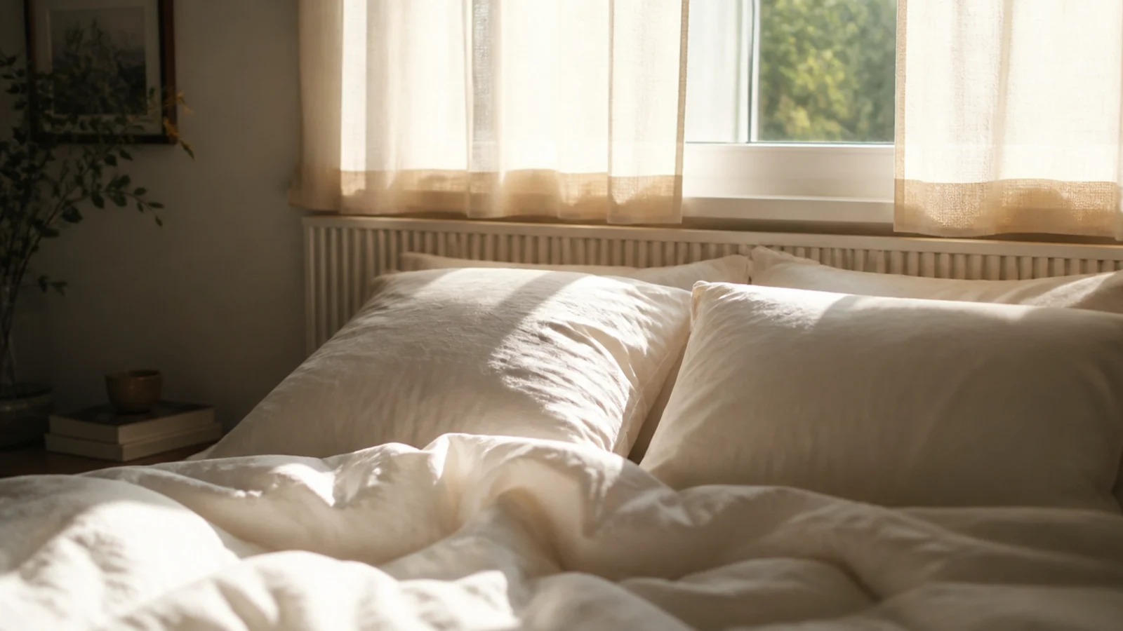 low headboard panel finishing just below a window sill behind a bed