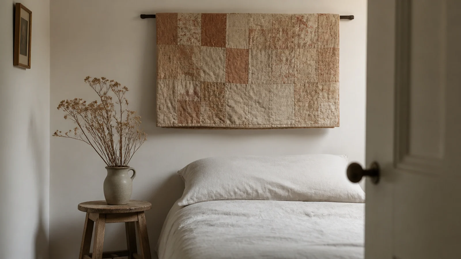 folded patchwork quilt draped over a slim rod as a soft small bedroom headboard