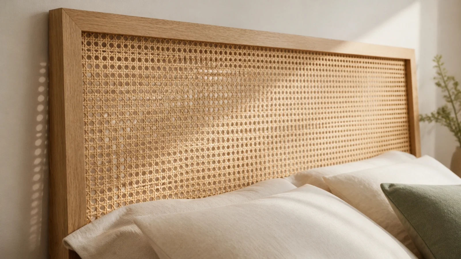 cane webbing headboard in a slim oak frame keeping a small bedroom airy