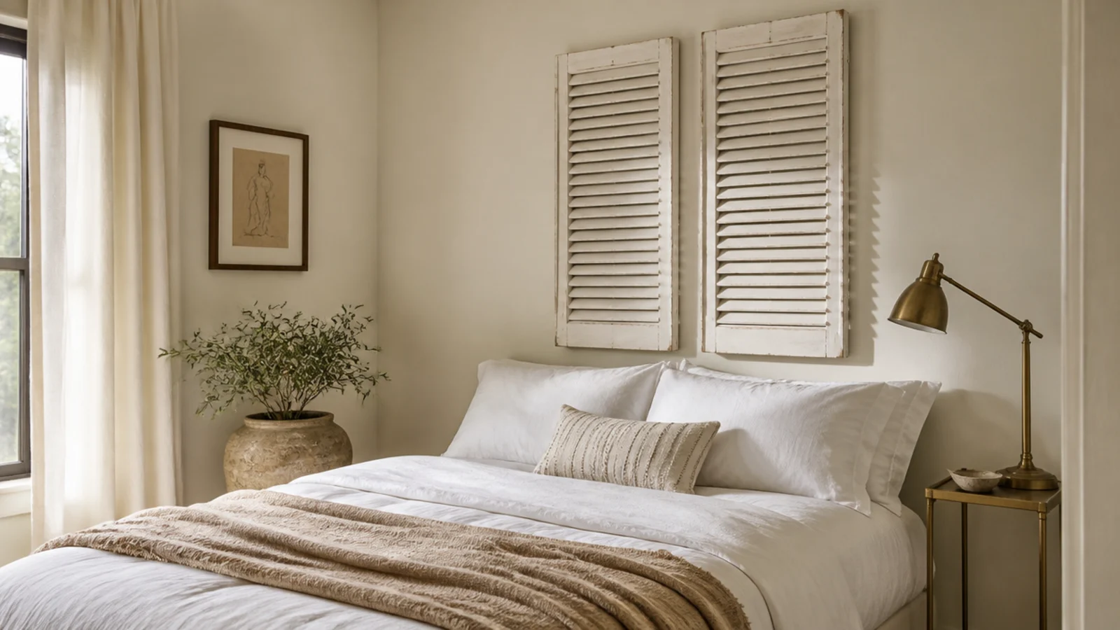 pair of narrow louvered shutters mounted as a compact bedroom headboard
