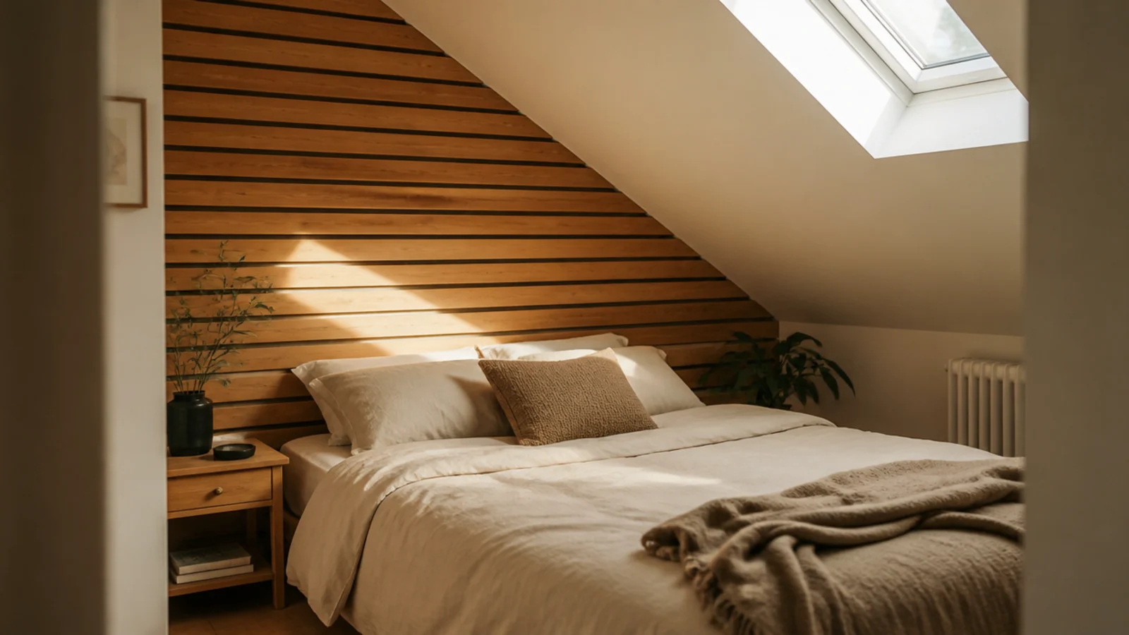 horizontal slat headboard fitted under a sloping attic ceiling above a bed