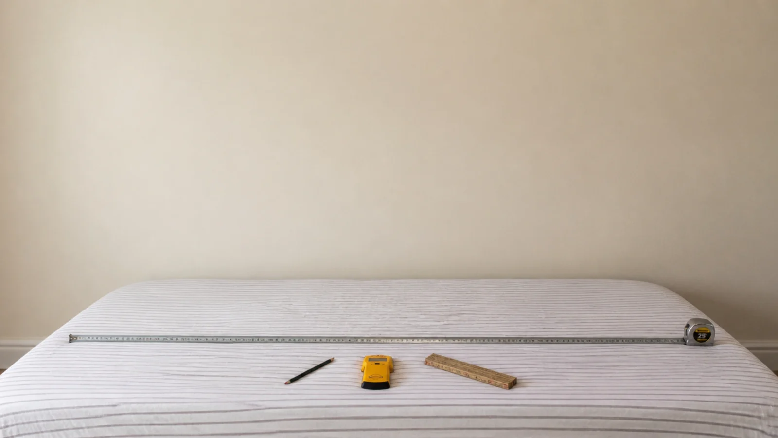 measuring tape marking headboard width against a king mattress and wall