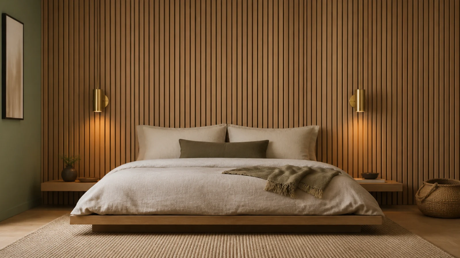 slatted oak feature wall running the full width behind a bed