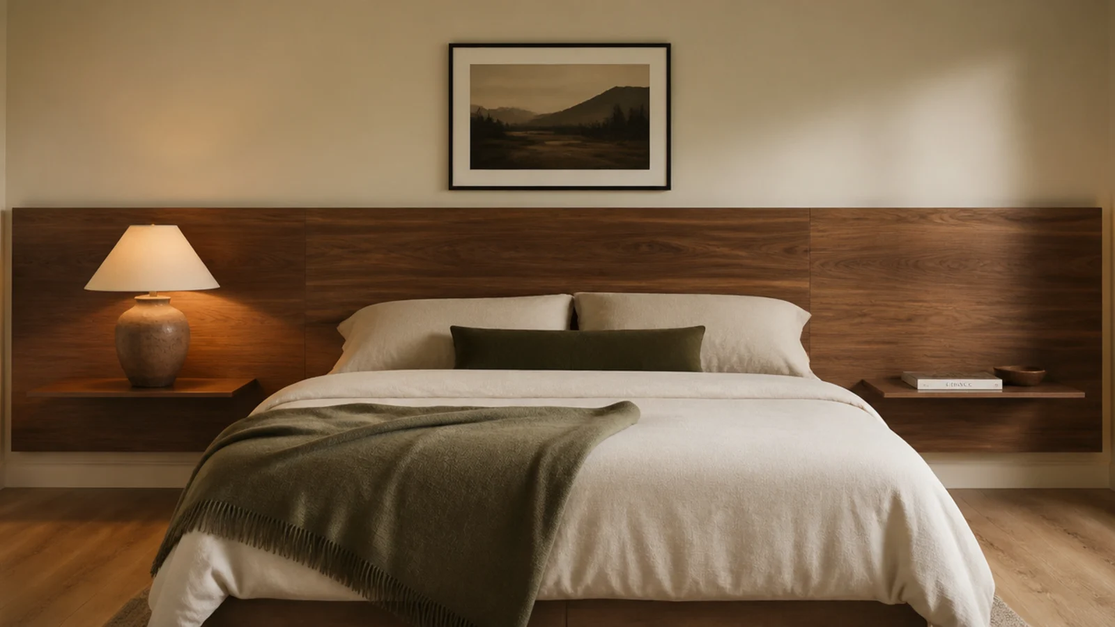 wide wood headboard panel with floating nightstand ledges on both sides