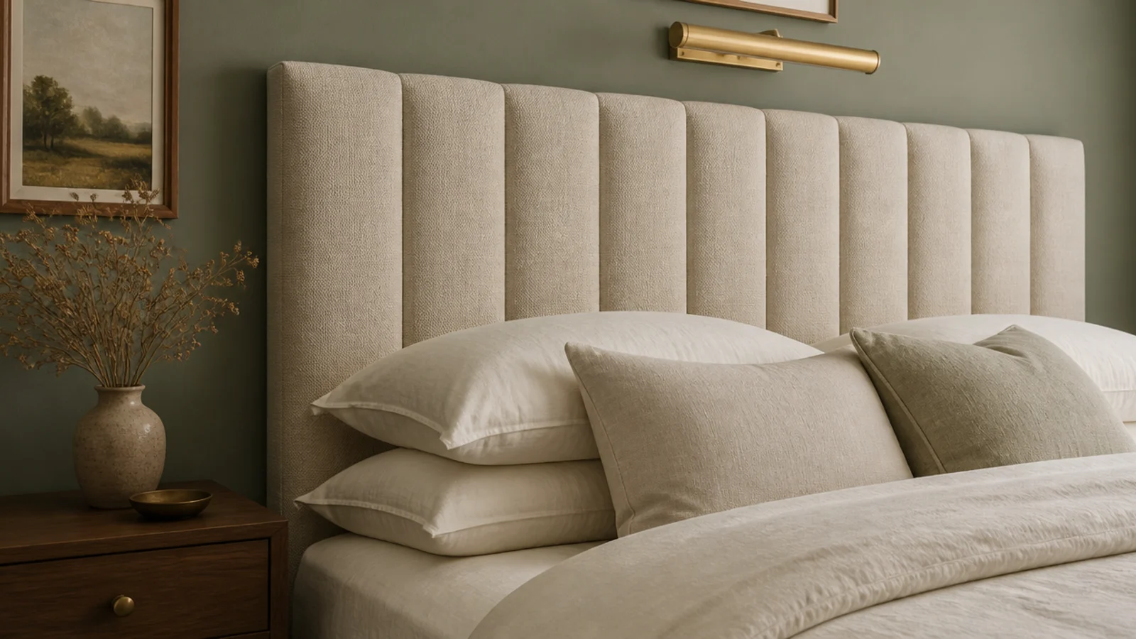 channel tufted linen headboard with vertical padded columns above pillows