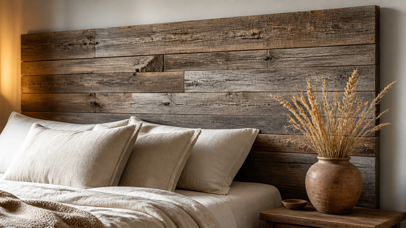 reclaimed barnwood plank headboard mounted horizontally above a wide bed