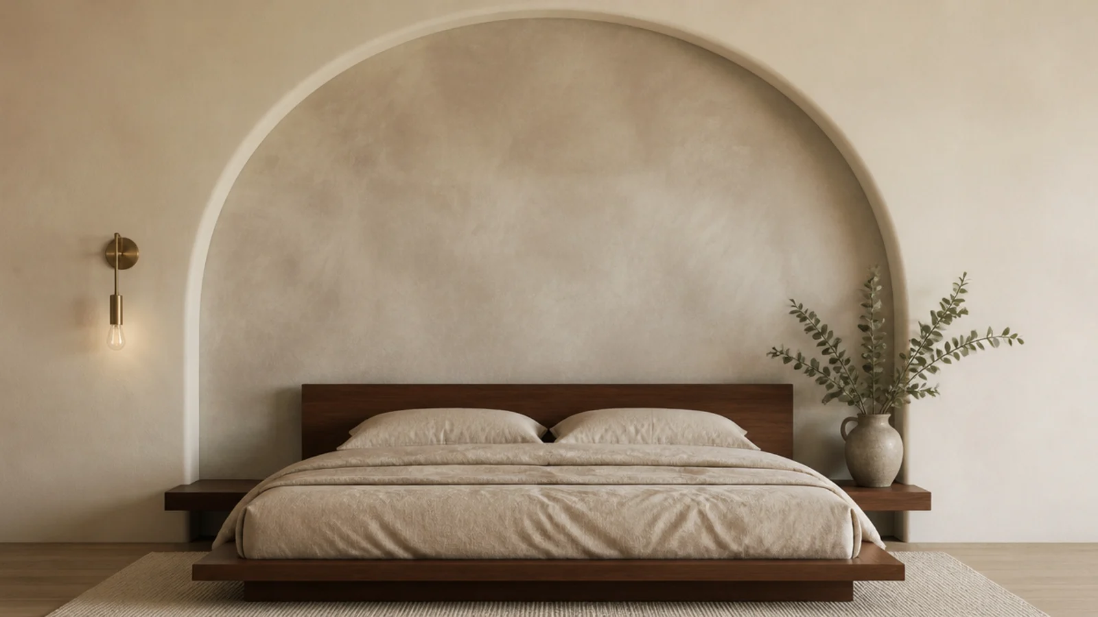 limewashed plaster arch painted behind a low bed in a bedroom