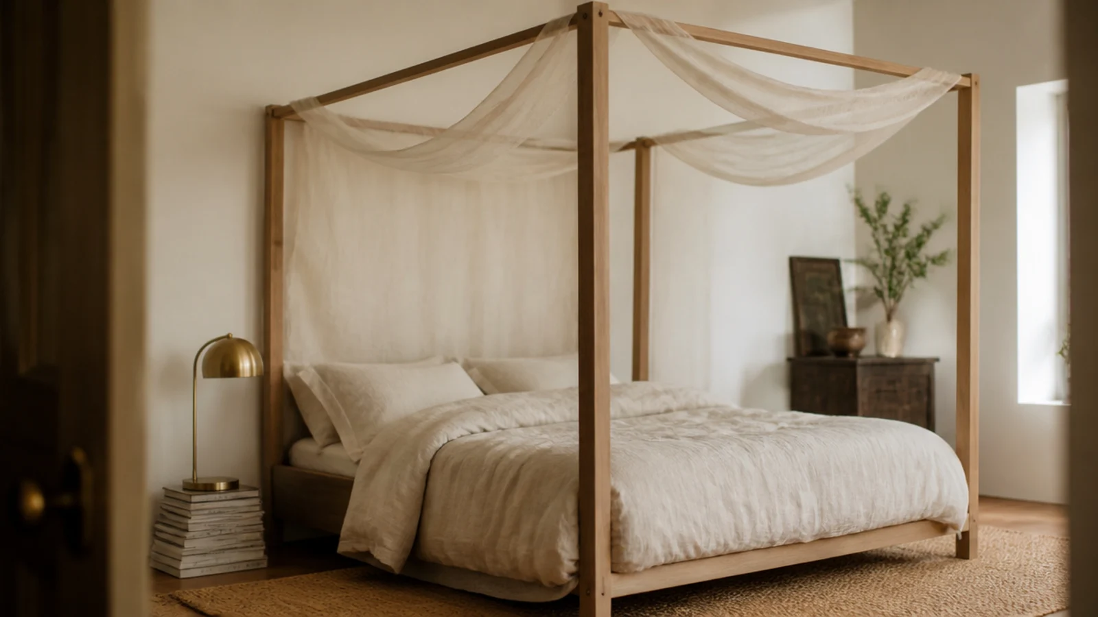four poster canopy frame in oak standing in for a headboard