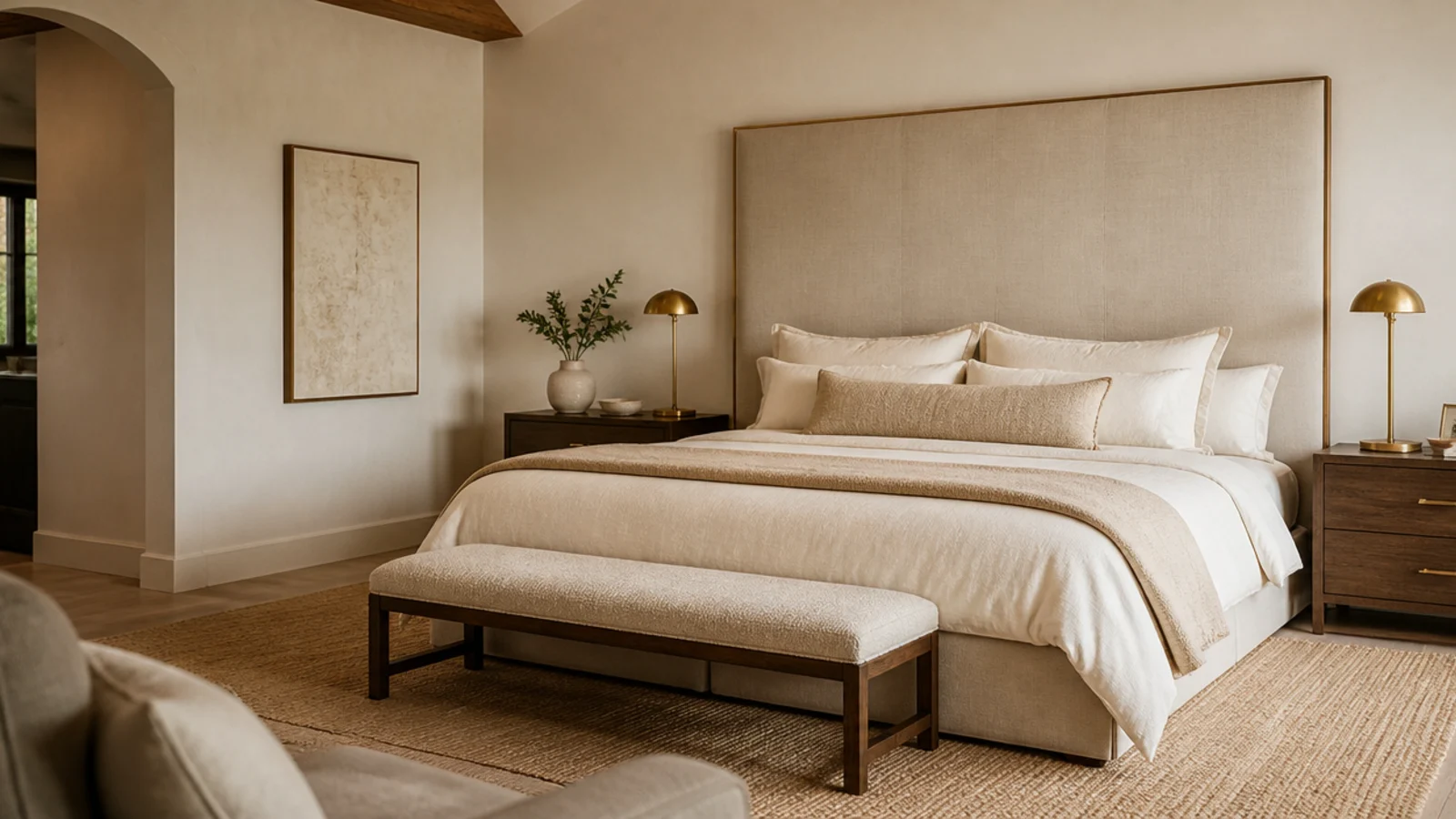 upholstered headboard filling a master bedroom wall above a wide linen bed