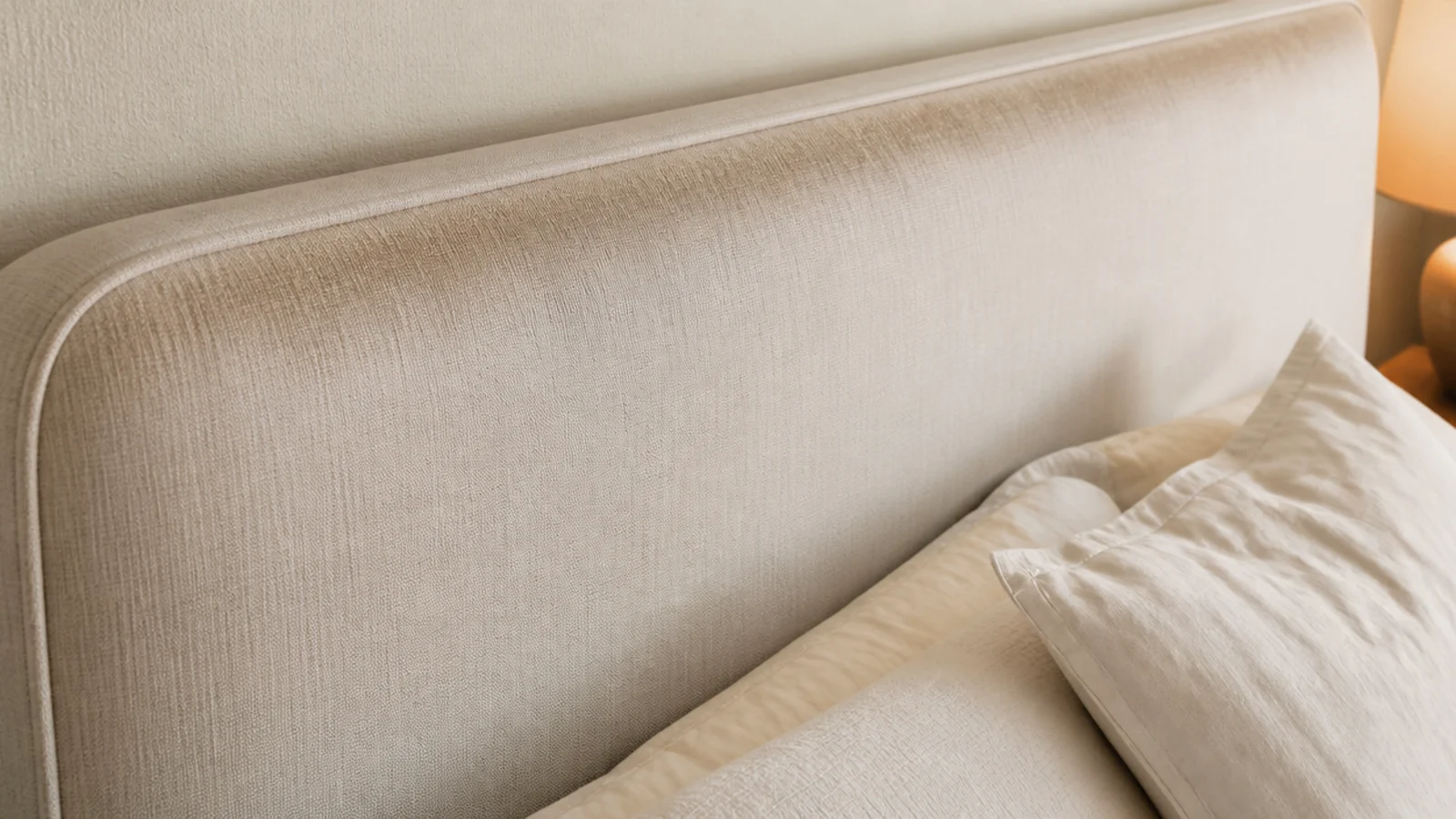 darkened mark along the top edge of a fabric headboard panel
