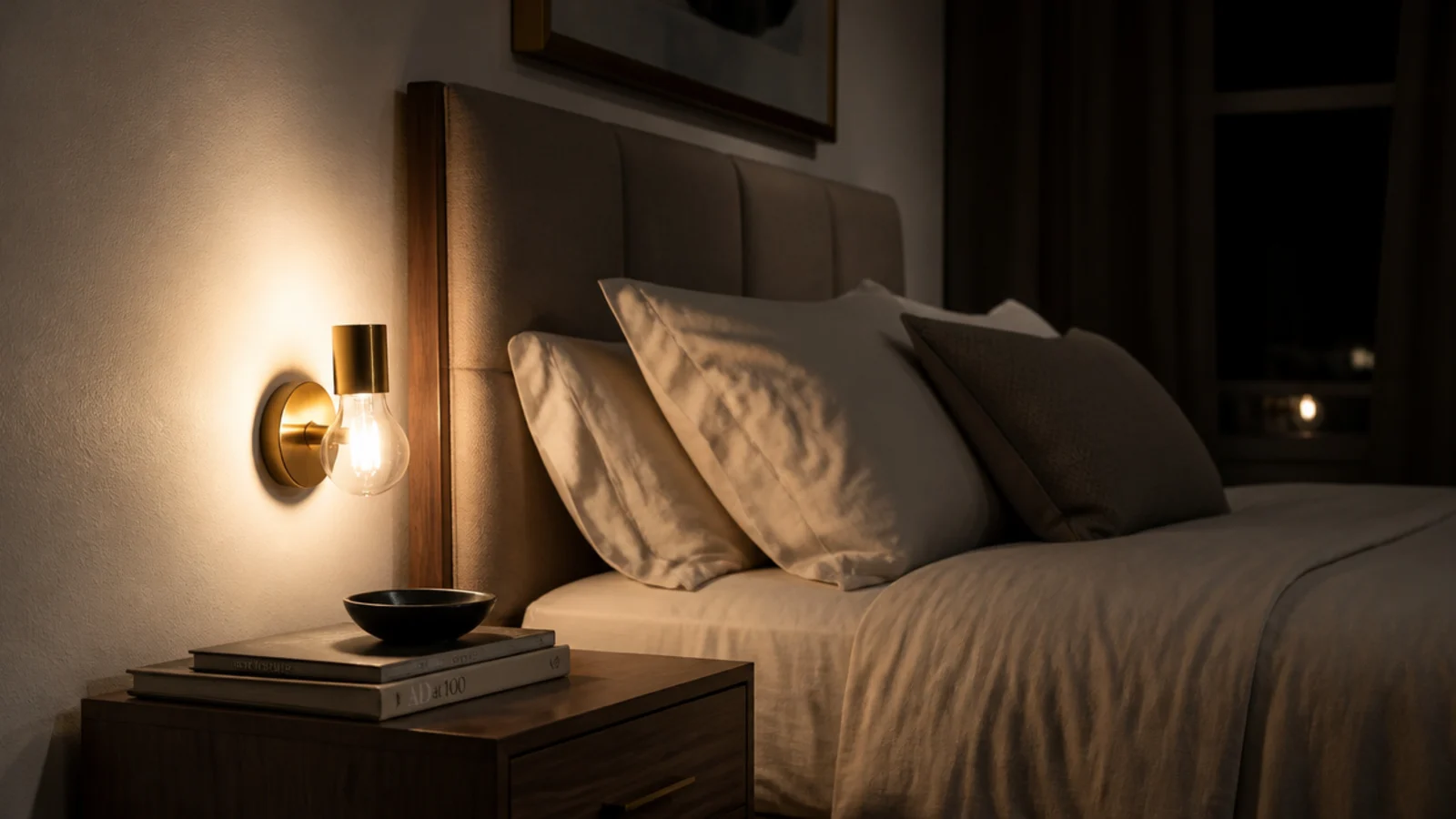 bedside sconce mounted too low glaring beside a headboard panel