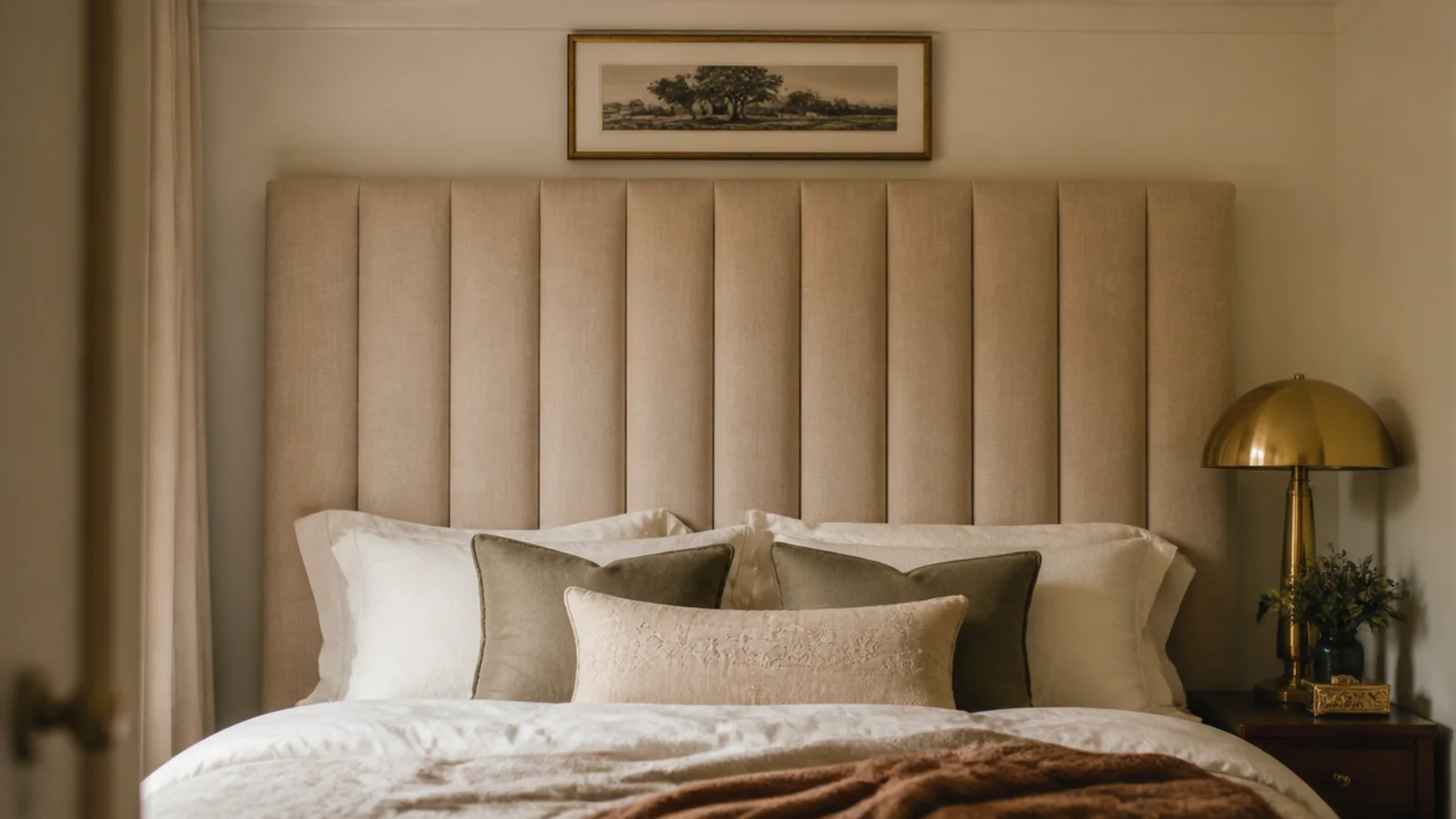 framed art crowded directly above a tall statement headboard panel