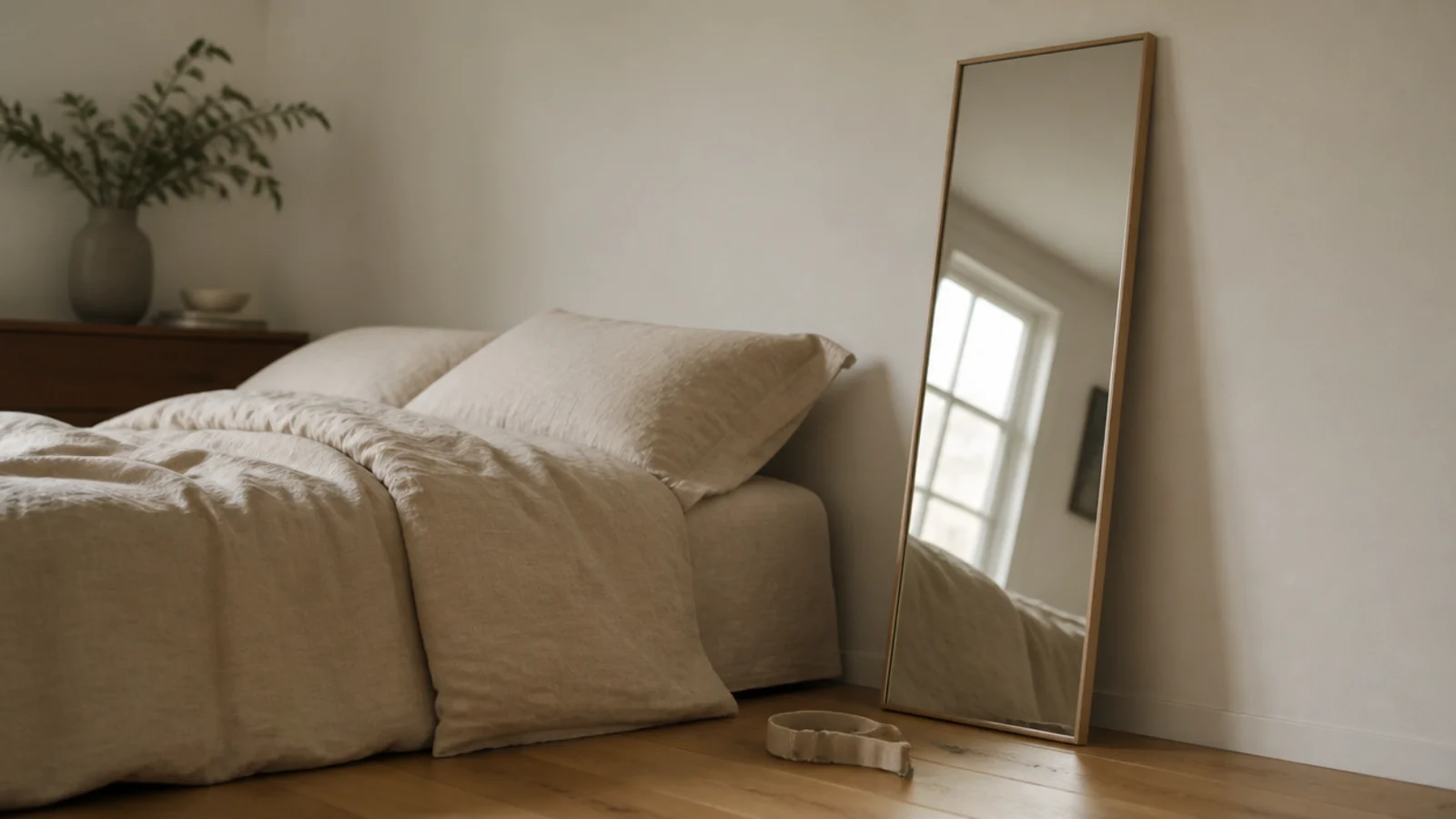 tall mirror leaning unsecured against the wall behind a low bed