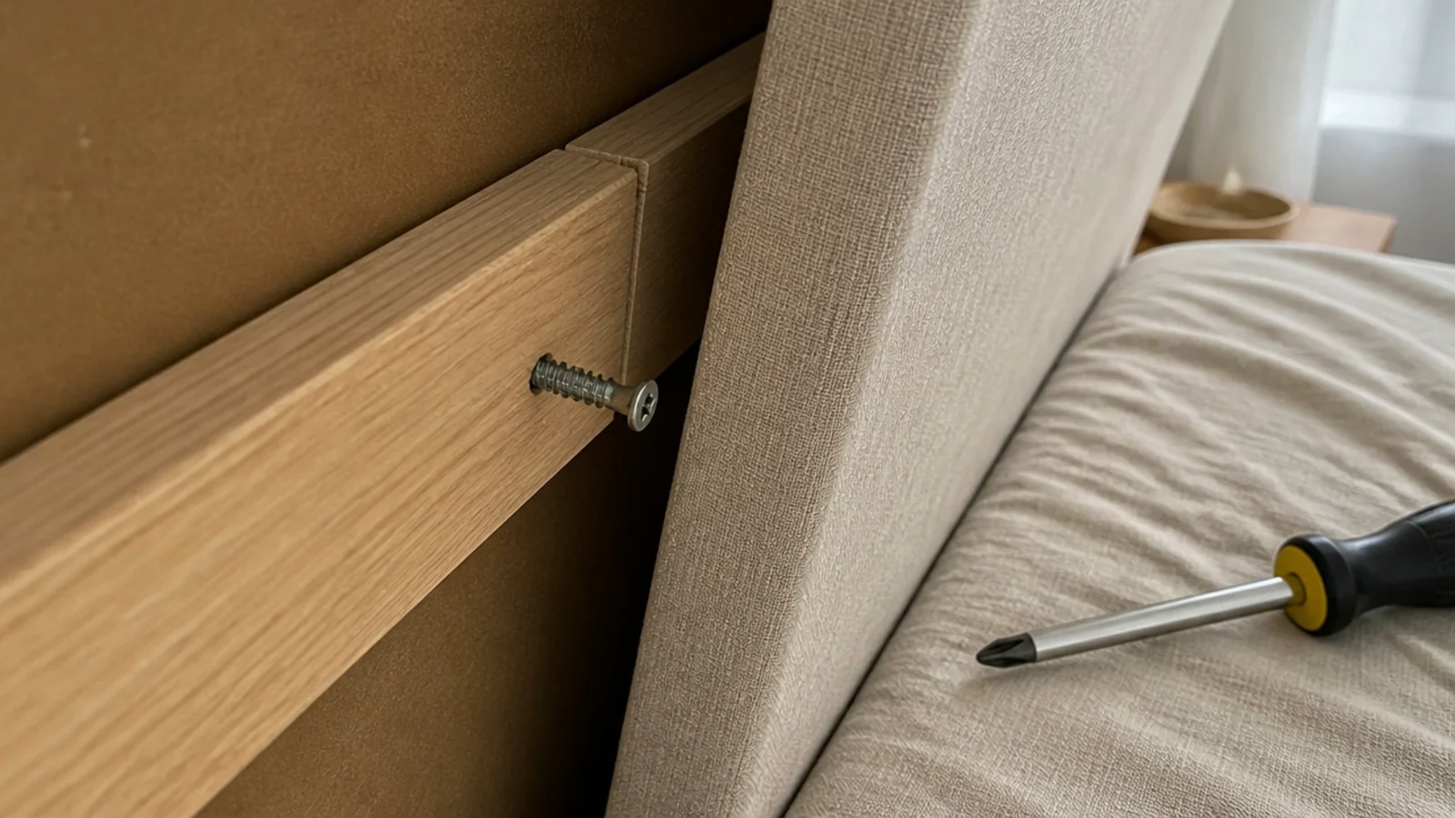 loose cleat screw backing out of the wall behind a headboard