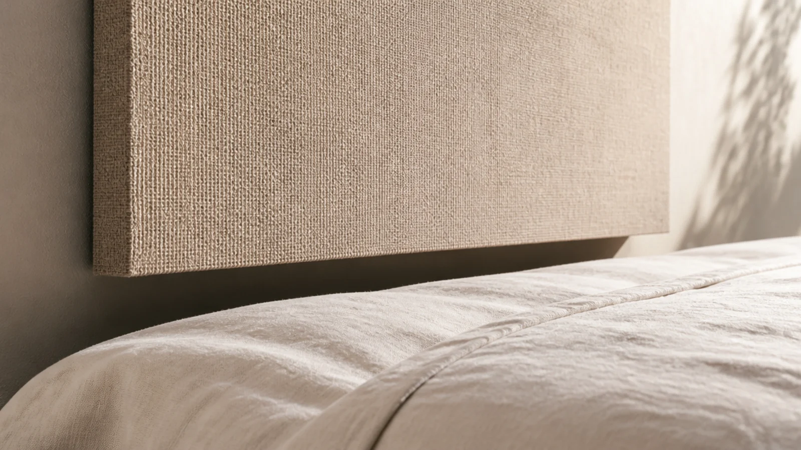 floating headboard panel hovering above the mattress with a dark shadow line