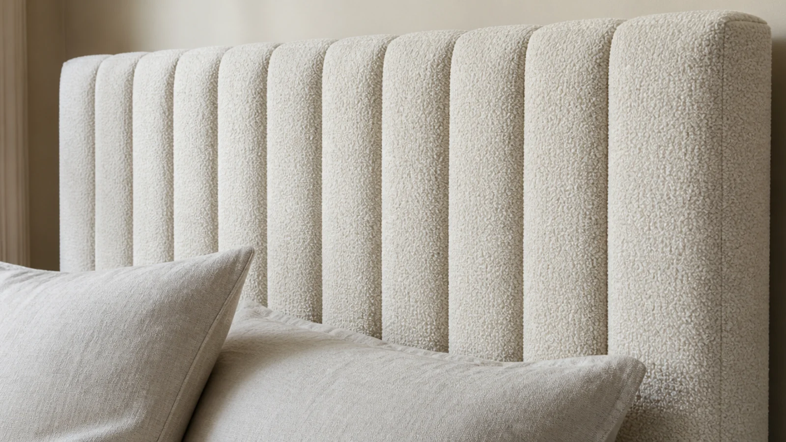 tightly channelled upholstered headboard with narrow even vertical ribs