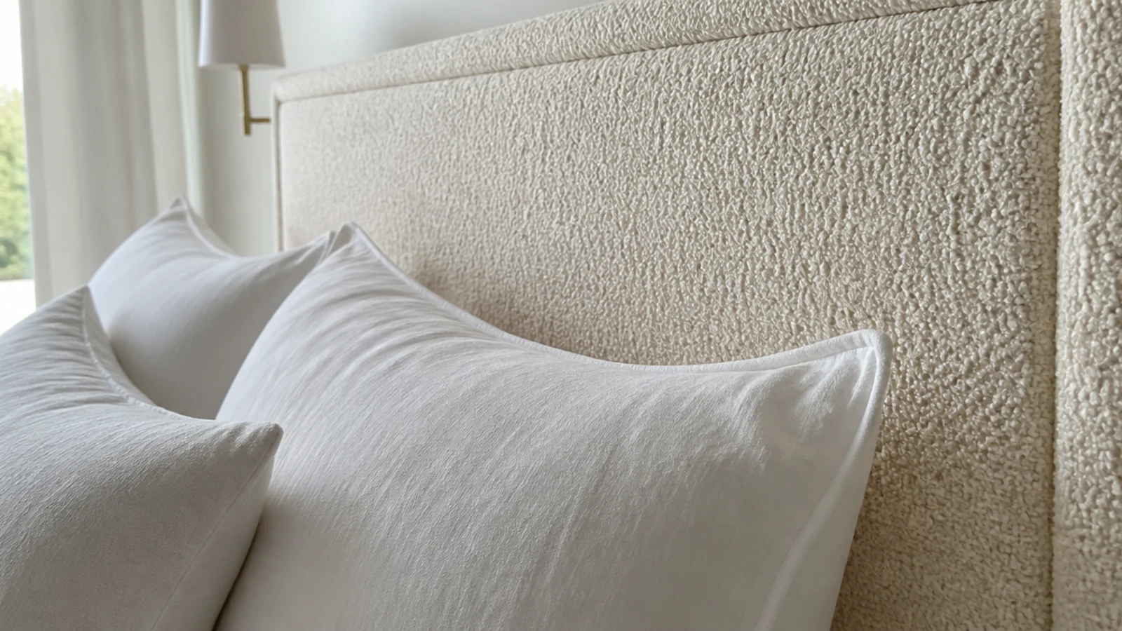 cream boucle headboard with soft looped texture behind white linen pillows