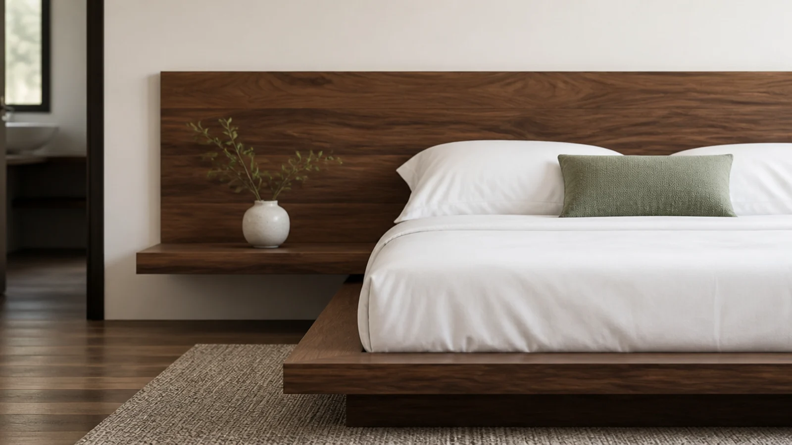 low platform bed paired with a matching low panel in the same oak tone